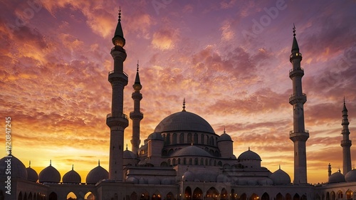 A majestic mosque with its domes and minarets silhouetted against a vibrant sunset sky. Worshippers gather in the courtyard, symbolizing prayer and community during the holy month