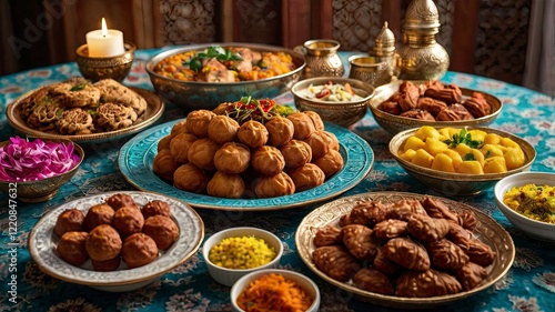 A vibrant spread of traditional Eid dishes, including biryani, kebabs, dates, and sweets like baklava and cookies, arranged on a large dining table