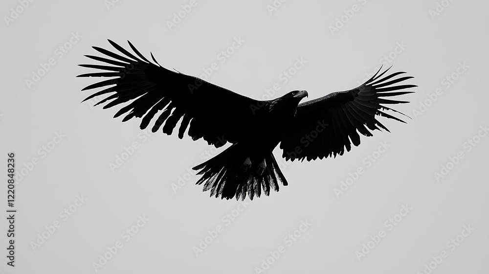 Fototapeta premium Black silhouette of an eagle flying gracefully on a plain color background