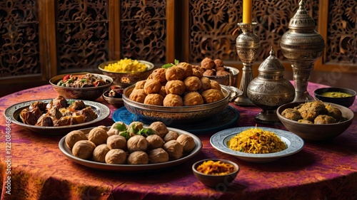 A vibrant spread of traditional Eid dishes, including biryani, kebabs, dates, and sweets like baklava and cookies, arranged on a large dining table