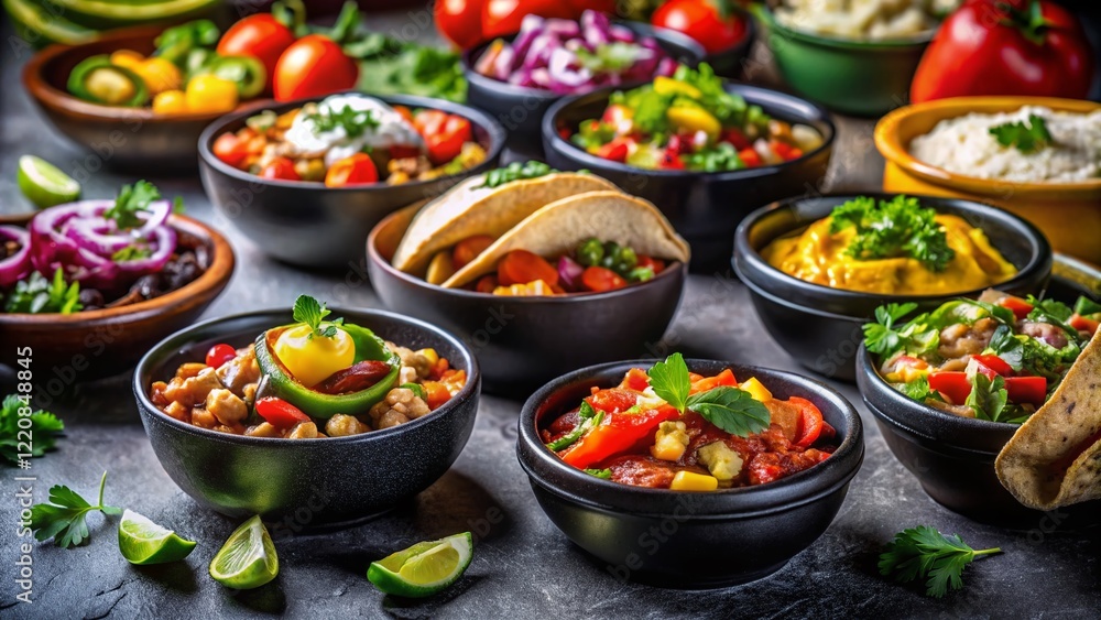 Mexican Food Fiesta: A Colorful Array of Dishes in Black Bowls - High-Resolution Stock Photo Mexican Food Fiesta: A Colorful Array of Dishes in Black Bowls - High-Resolution Stock Photo