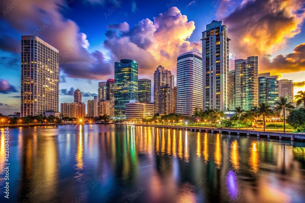 Fototapeta premium Miami Nightscape: Illuminated City Skyline with Copy Space