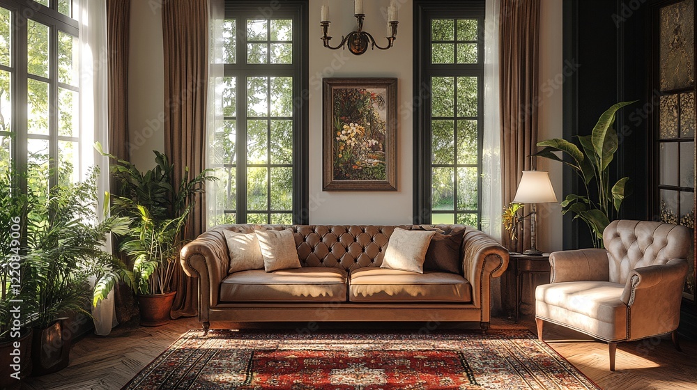 Fototapeta premium a serene and inviting living room with large windows, a brown leather couch, and an armchair placed on a rug.