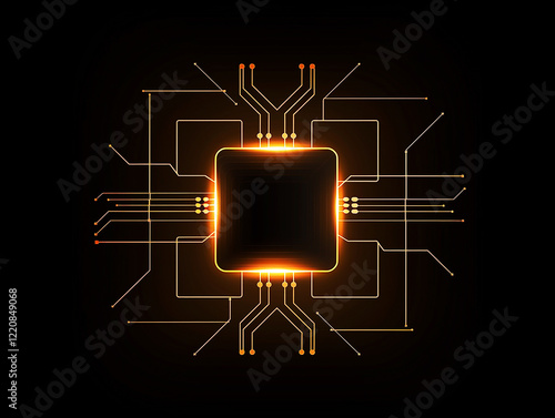 Simple neon computer chip outline, glowing dimly, black background