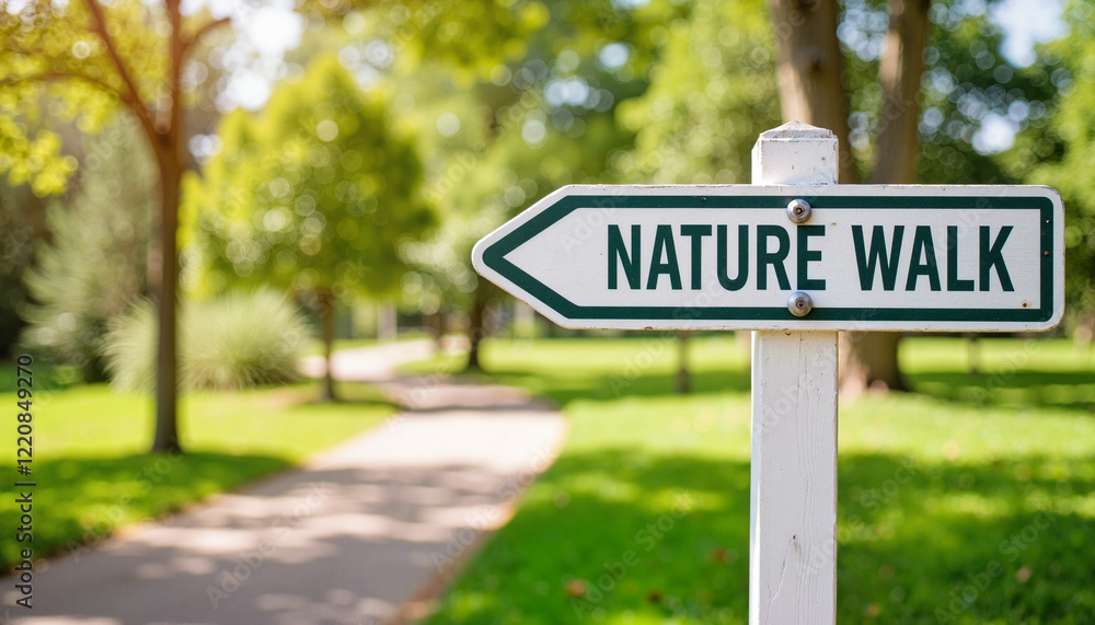 Nature walk sign directing towards green city park, sustainable living Nature walk sign directing towards green city park, sustainable living