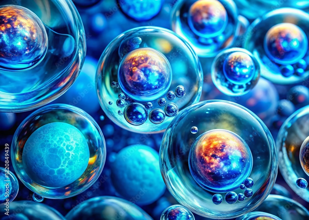 Microscopic Cell Life: Vibrant Translucent Cells in Blue Liquid Microscopic Cell Life: Vibrant Translucent Cells in Blue Liquid