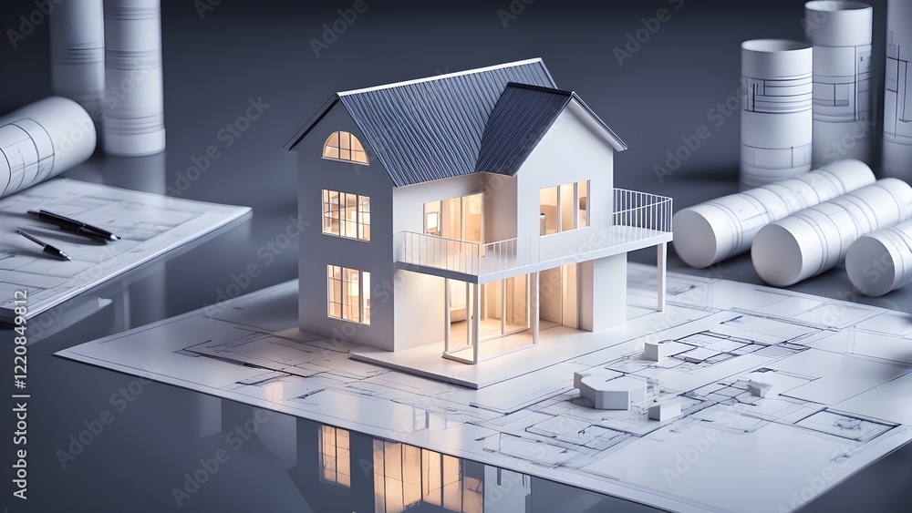 Architectural model of a modern house illuminated from within, resting on blueprints and surrounded by rolled-up architectural drawings.