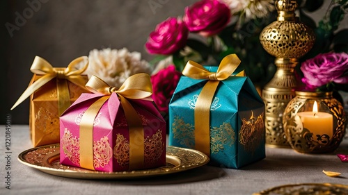 Beautifully wrapped gift boxes and colorful 'Eidi' envelopes (money packets) placed on a table adorned with festive decor, lanterns, and flowers, symbolizing the tradition of giving during Eid