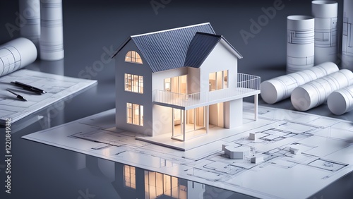 Obraz na płótnie Architectural model of a modern house illuminated from within, resting on blueprints and surrounded by rolled-up architectural drawings. w salonie