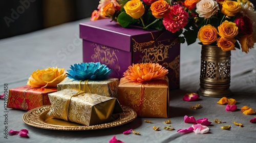 Beautifully wrapped gift boxes and colorful 'Eidi' envelopes (money packets) placed on a table adorned with festive decor, lanterns, and flowers, symbolizing the tradition of giving during Eid