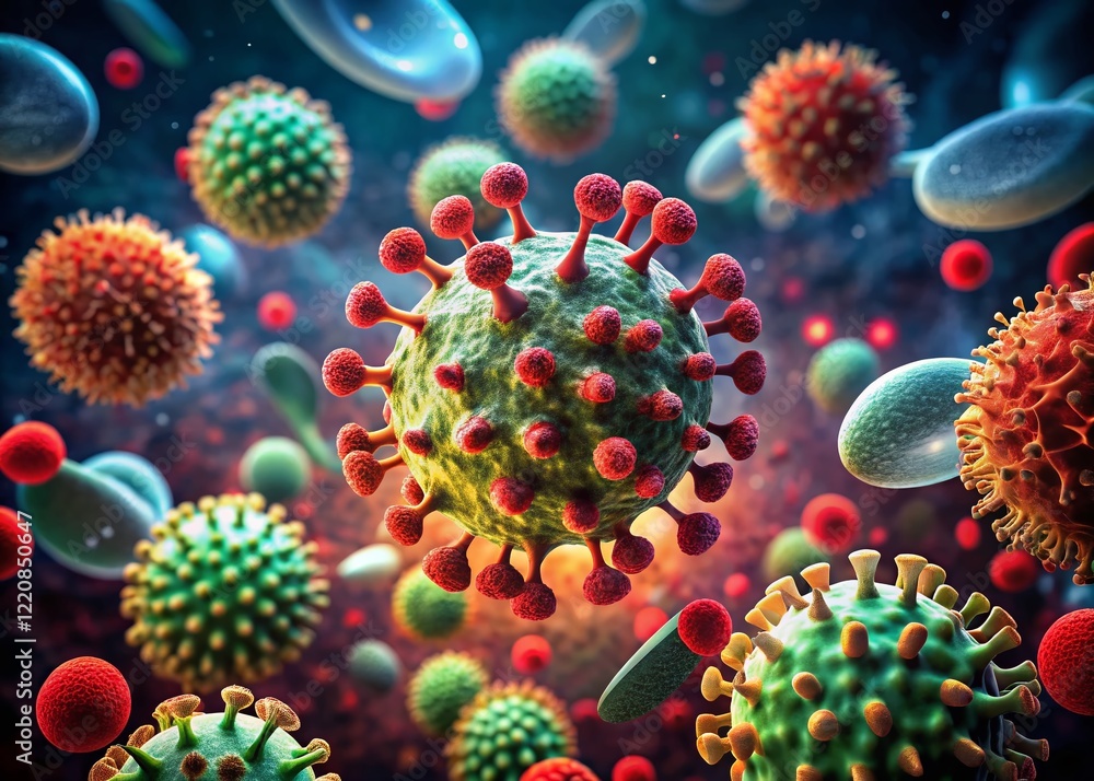 Microscopic View: Virus Infecting Red Blood Cells - Low Light Pathology Microscopic View: Virus Infecting Red Blood Cells - Low Light Pathology