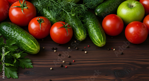 Vibrant, healthy foods arranged on a rich, dark wood background.
 photo