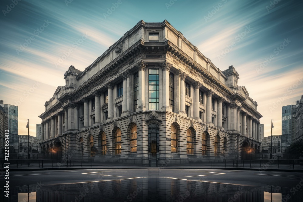 Obraz premium Majestic port of london authority headquarters reflecting on wet street at sunrise with dramatic clouds