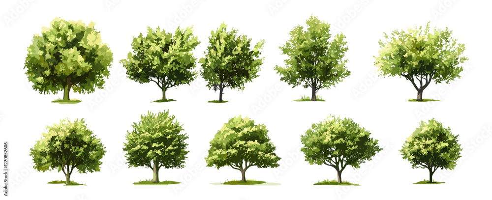 Fototapeta premium Vector watercolor tree top view isolated on white background, elements for garden and landscape plan, green grass, architecture layout, environment design, outdoor drawing