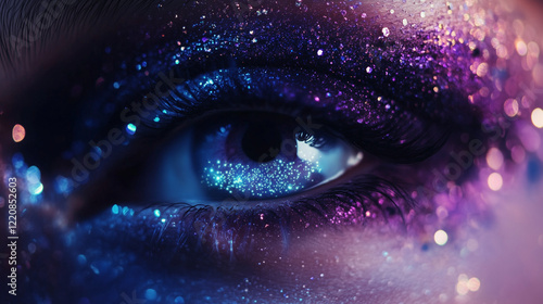 A cosmic-inspired eye look with deep purple, black, and silver eyeshadow, highlighted by tiny rhinestones resembling stars