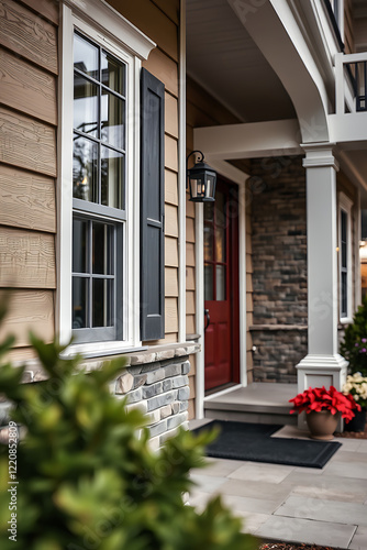 Elegant Home Exterior Design: Red Door, Stone Accents, and Landscaped Entrance photo