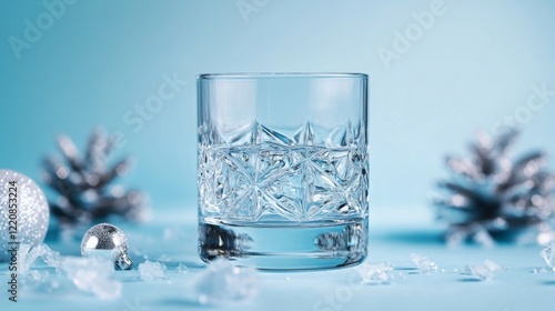 Wallpaper Mural Reminiscent of a holiday present wrapped in a frosted bow, a glass of crystal-clear water with a silver ring rests on a blue backdrop. - Torontodigital.ca