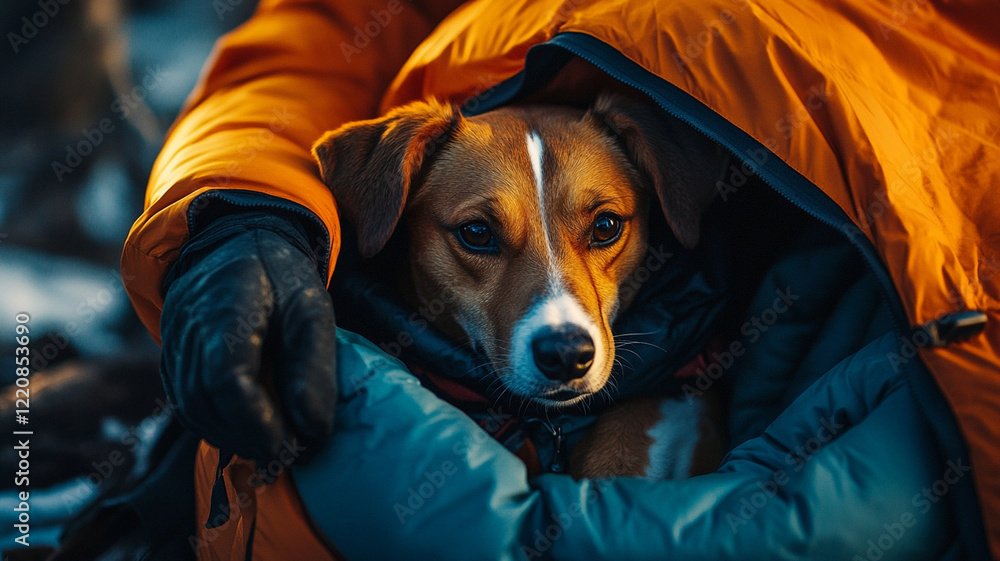 cozy dog nestled in warm jacket, enjoying outdoors cozy dog nestled in warm jacket, enjoying outdoors