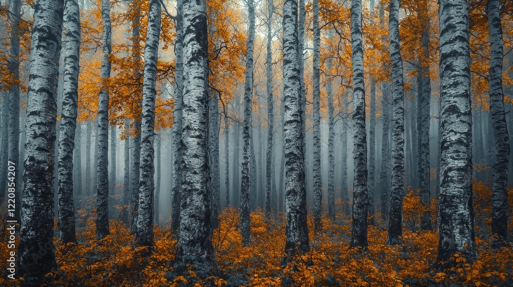 Obraz premium Autumn forest scene birch trees nature photography misty environment close-up view tranquil atmosphere
