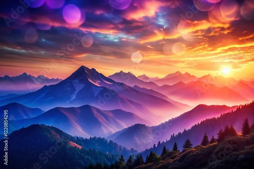 Abstract Sunset Mountain Landscape: Blue Purple Bokeh, Artistic Nature Photography