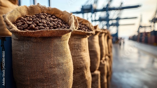 Burlap sacks filled with freshly roasted coffee beans at busy cargo port