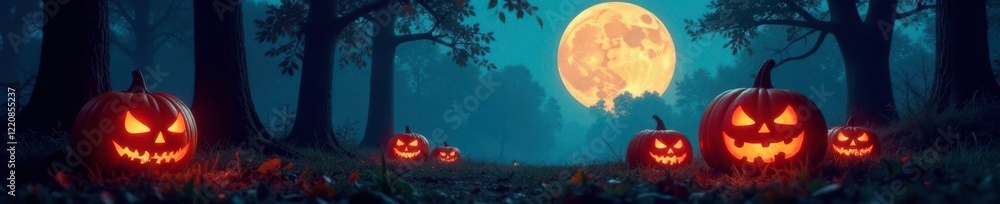 full moon and glowing jack o lanterns in a forest, night, spooky full moon and glowing jack o lanterns in a forest, night, spooky