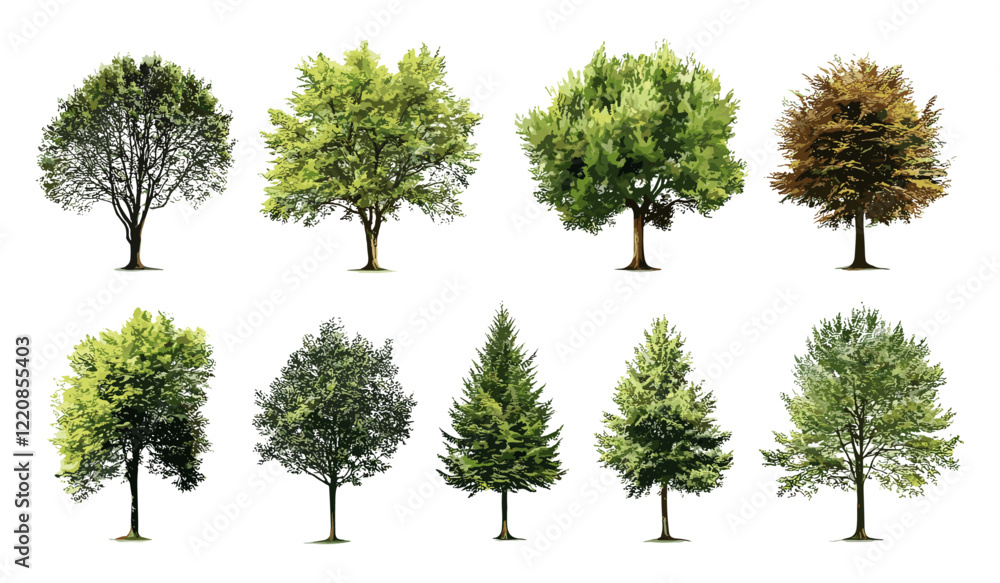 Fototapeta premium Set of green trees isolated on white background, different kinds of tree collection, tree types, forest illustration, nature design, eco-friendly trees, green plant graphic