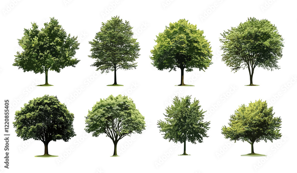 Fototapeta premium Set of green trees isolated on white background, different types of tree collection, variety of tree illustrations, green forest design, nature vector, diverse tree types