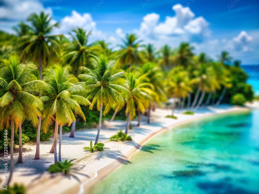 Fototapeta premium Miniature Palm Trees on Tropical Beach, Tilt-Shift Photography