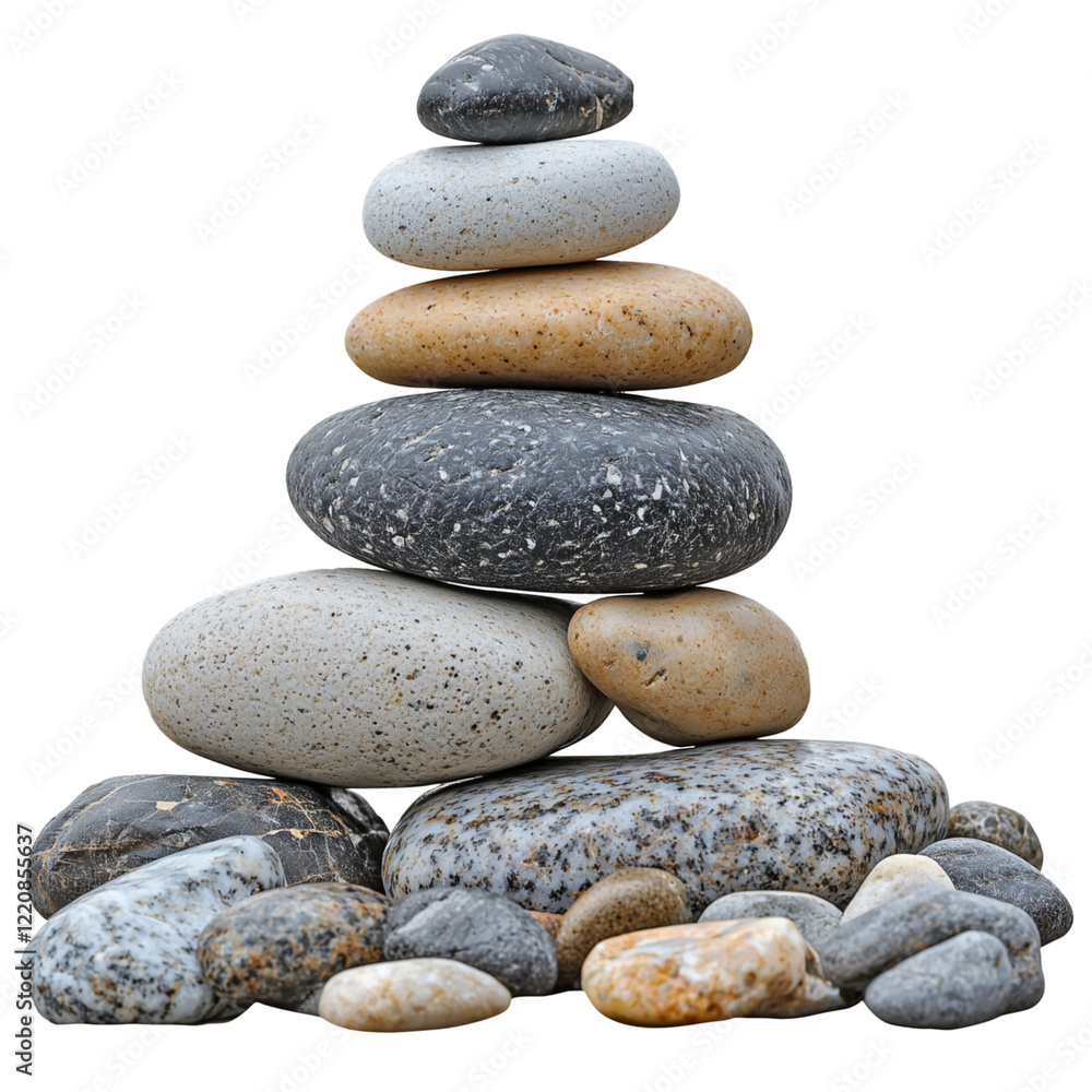 Stacked smooth pebbles in neutral tones on a transparent background, ideal for Zen, spa, or balance-themed visuals Stacked smooth pebbles in neutral tones on a transparent background, ideal for Zen, spa, or balance-themed visuals