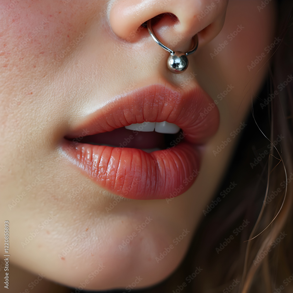 Obraz premium Close-up of lips with a nose piercing and natural makeup