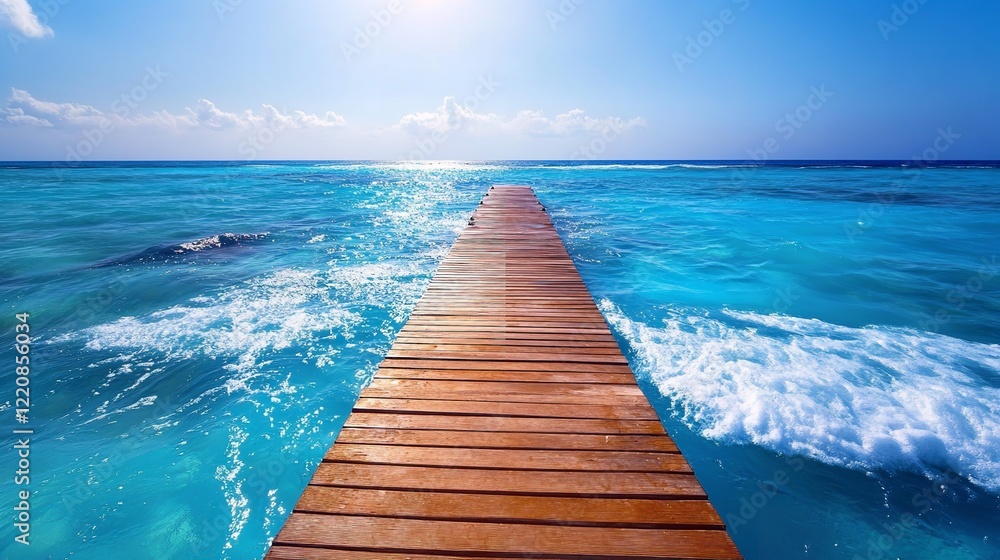Fototapeta premium A peaceful wooden dock extending over crystal-clear blue water under a sunny sky, evoking a sense of freedom and tranquility