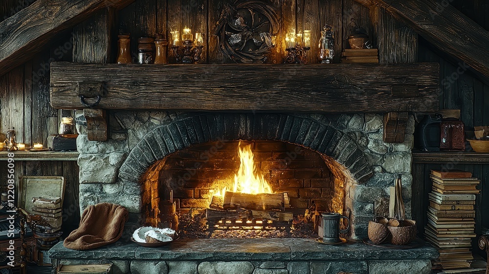 Cozy rustic fireplace with warm glowing fire in stone cabin interior setting Cozy rustic fireplace with warm glowing fire in stone cabin interior setting