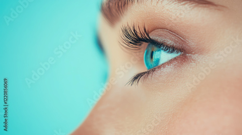 Close-up of a Woman's Blue Eye with Long Eyelashes against a Teal Background photo