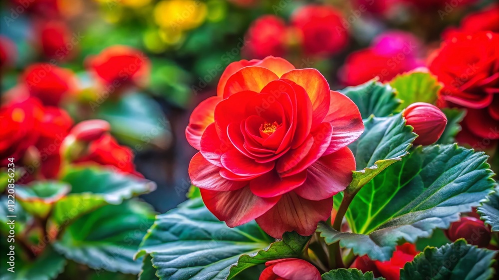 Miniature Red Begonia Bloom with Lush Green Leaves - Vibrant Annual Flower in Garden Miniature Red Begonia Bloom with Lush Green Leaves - Vibrant Annual Flower in Garden