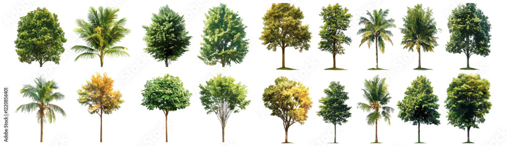 Fototapeta premium Tropical tree vector illustration set isolated on white background, nature design, tropical plants, jungle art, botanical illustration, eco-friendly clipart, summer foliage