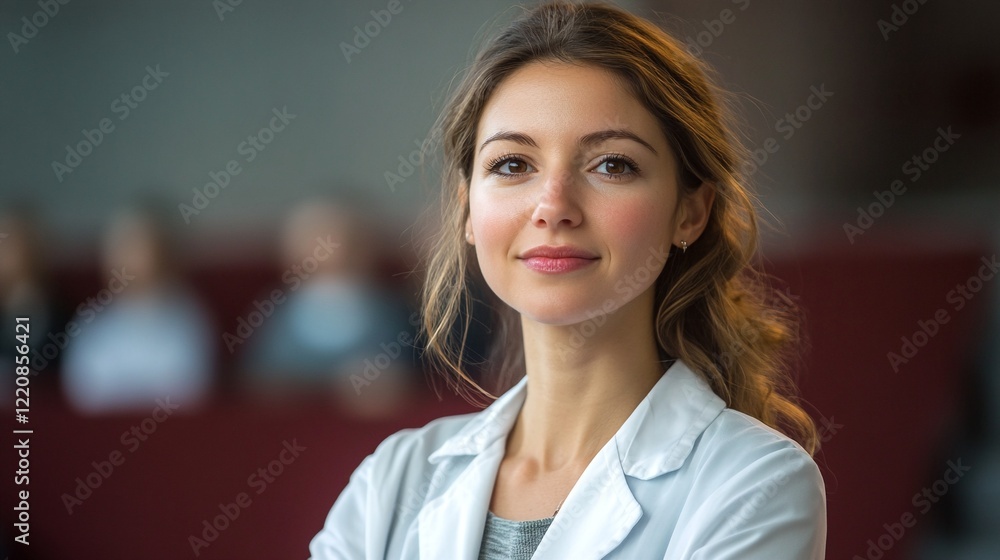 Obraz premium A young woman with long brown hair and a white lab coat stands in front of a blurred background.