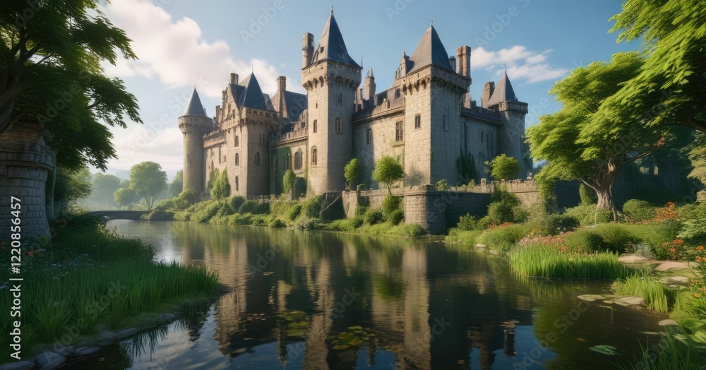A majestic castle with a moat and lush green gardens, garden scene, outdoor A majestic castle with a moat and lush green gardens, garden scene, outdoor