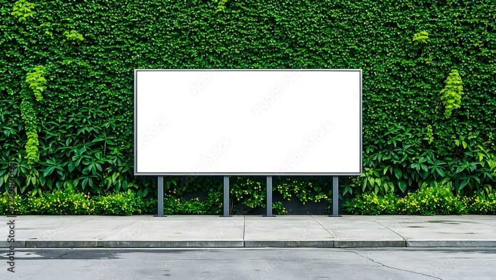 Fototapeta premium White billboard on spring summer green leaves 