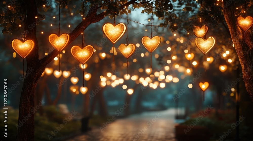 Obraz premium Romantic evening outdoor event enchanted garden decorative lights tranquil atmosphere dreamy viewpoint love concept