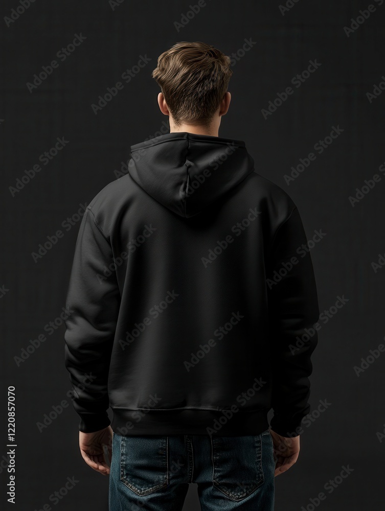 Obraz premium A stylish male model wearing a plain black hoodie, shown from the back.