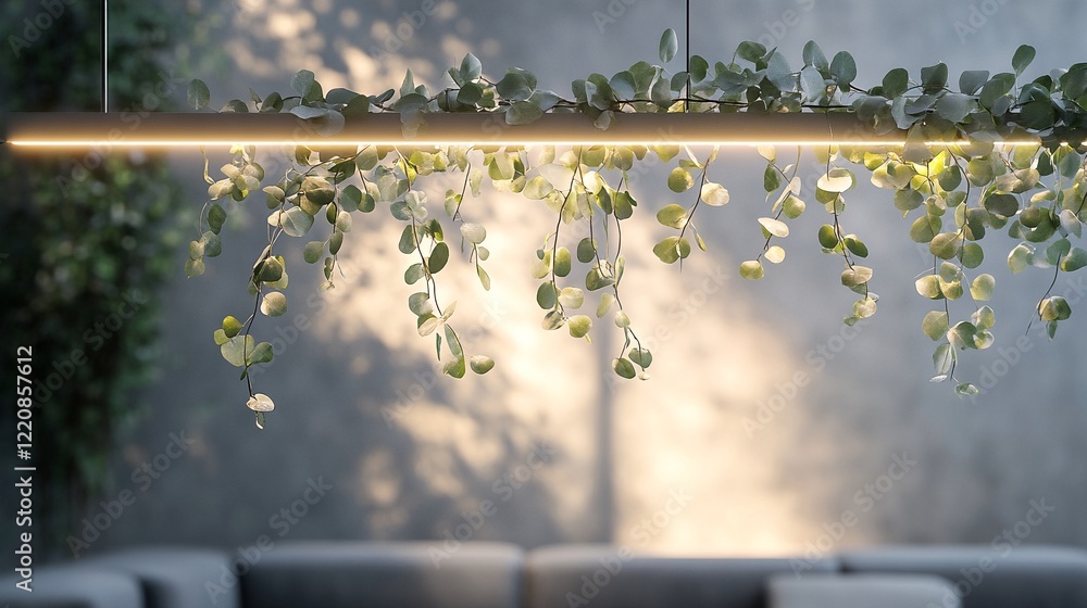 A hanging light fixture made from a long branch with small green leaves and thin branches, suspended by two wires against a grey wall. A hanging light fixture made from a long branch with small green leaves and thin branches, suspended by two wires against a grey wall.