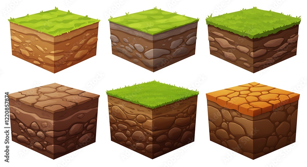 Terrain ground surfaces cartoon vector set. Soil geology layers mud clay turf grass stones loam rocks dirt pebbles earth lands barren desert arid samples, isolated illustrations on white background Terrain ground surfaces cartoon vector set. Soil geology layers mud clay turf grass stones loam rocks dirt pebbles earth lands barren desert arid samples, isolated illustrations on white background