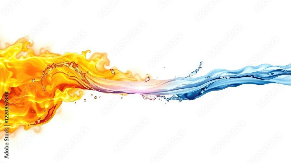 Fototapeta premium A mesmerizing combination of fire and water meeting on a pristine white background, elemental, dramatic, contrast