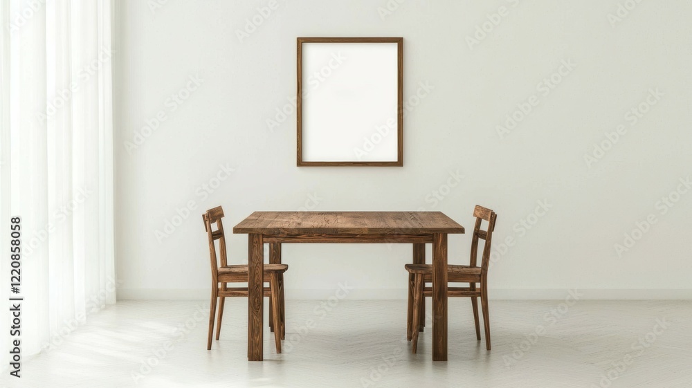 Modern Rustic Dining Area with Blank Frame Above a Simple Wooden Table Modern Rustic Dining Area with Blank Frame Above a Simple Wooden Table