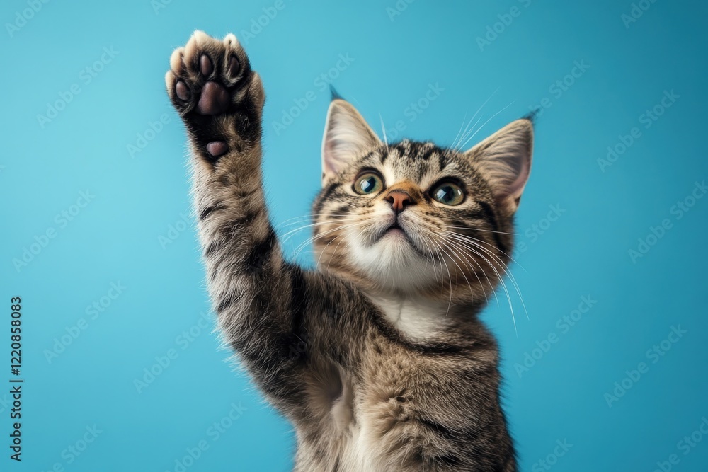An orange cat is proudly raising its paw high up into the air An orange cat is proudly raising its paw high up into the air