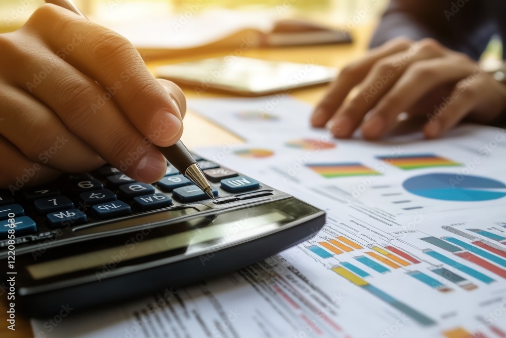 A person is actively utilizing a calculator while writing on a piece of paper A person is actively utilizing a calculator while writing on a piece of paper