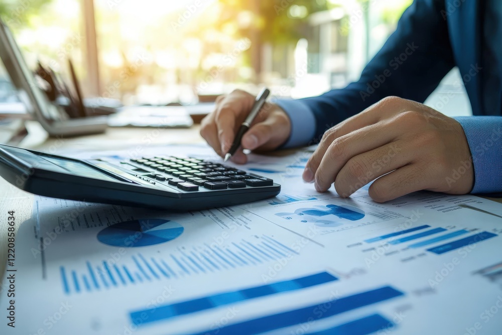 A person is actively utilizing a calculator while writing on a piece of paper A person is actively utilizing a calculator while writing on a piece of paper