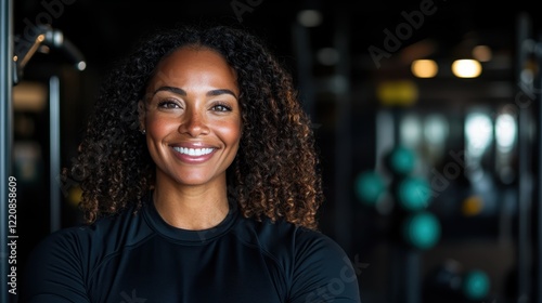 A confident, smiling woman in fitness attire showcases her commitment to health and well-being in an inspiring gym setting, promoting self-confidence and positive energy. photo