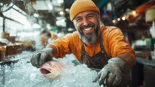 A happy fish seller displays fresh fish over ice in a bustling market, radiating joy and enthusiasm, symbolizing local trade and the importance of community engagement. photo